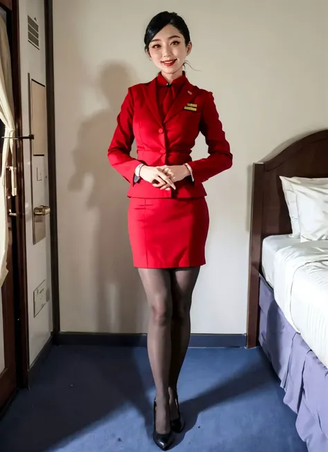 1girl,stewardess,red uniform,pantyhose,hotel room,realistic,high heels, pale skin,young female,Japanese girl,looking at viewer ,seductive smile, (masterpiece, high quality:1.2),full body,big breasts,panty,cleavage <lora:caluniform_lora-10:0.7>