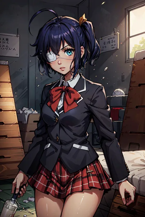 (masterpiece, best quality), intricate details, 8k, artstation, wallpaper, official art, splash art, sharp focus,
1girl, <lora:chunibyo_takanashi-12:0.8> takanashi, one side up, ahoge, blue eyes, medical eyepatch, school uniform, jacket, plaid skirt,
<lora:gym_storeroom_v0.1:0.8> gym storeroom,