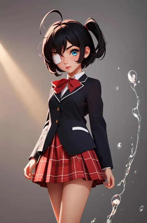 (masterpiece, best quality), intricate details, 8k, artstation, wallpaper, official art, splash art, sharp focus,
1girl, <lora:chunibyo_takanashi-12:0.8> takanashi, one side up, ahoge, blue eyes, medical eyepatch, school uniform, jacket, plaid skirt, black hair,