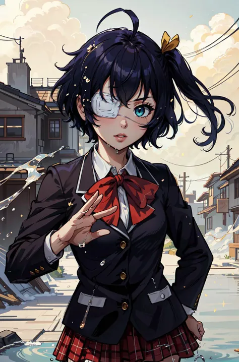 (masterpiece, best quality), intricate details, 8k, artstation, wallpaper, official art, splash art, sharp focus,
1girl, <lora:chunibyo_takanashi-12:0.8> takanashi, one side up, ahoge, blue eyes, medical eyepatch, school uniform, jacket, plaid skirt,