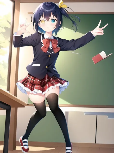 masterpiece, best quality, solo, full body, from back, running, thick thighs, skindentation, looking away, classroom background, <lora:chunibyo_takanashi:1> takanashi rikka, ahoge, one side up, blue eyes, heterochromia, yellow eyes, school uniform, jacket, plaid skirt, thighhighs,