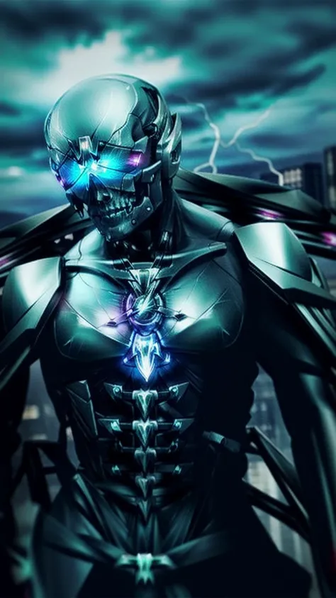 photo of a human skeleton, full body, skull, circuitry, gemstones, (ribcage),
glowing red eyes, ominous aura Halo, blood, bleeding, jewelry, necklace, silver chains, butterfly wings, headphones, earphones,
chromatic aberration, depth of field, soft lighting, masterpiece, best quality, intricate, tone mapped, highly detailed, artstation, concept art, smooth, sharp focus, dramatic lighting, highly detailed artwork, cinematic, hyper realistic painting, trending on Artstation, 8K, incredible shadows, realistic, (highly detailed background:1.0), lightning strike, lightning, storm, raining, cloudy sky, backlighting, neon and cyberpunk background, cityscape, skyscraper,
<lora:Technotrex:1>