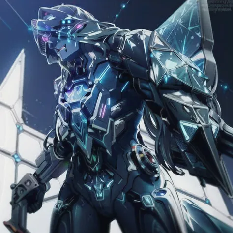 masterpiece, best quality, dramatic angle, ( Holographic, Rainbow, Opal, Vibrant Colors, Colorful), (Halo, Halos, Glowing Eyes, Gradient_Eyes, Glowing Aura, Glowing Energy, Glowing Digital Markings, Glowing Cyber Markings), (professional award-winning cinematic masterpiece), best quality, Symmetrical, Futuristic, sci-fi, aerodynamic, 

Armored Core, Ammo Belt, Laser, Laser weapon, sleek and slender,

floating parts, city_lights, galaxy, giant, glowing, night, night_sky, planet, sky, snow, snowing, space, star_\(sky\), starry_sky, wings, fire, darkness, ((non-humanoid robot)), weapon, gun, cannon, military, mechanical parts, (Cyberpunk:1.3), (Luminescent particle:1.5), ,high saturation,low brightness,
Crystal Metal, neon panels,
 black metal, red metal, with blue metal  metallic accents

 <lora:R_Technotrex_V10:1>
 <lora:Body_GlassHair_V1:0.2>