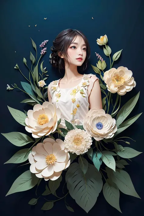 (((masterpiece))),best quality,illustration,beautiful detailed glow,1girl, Various flowers,paper_cut,<lora:KK_paperCut_v5:0.8>,