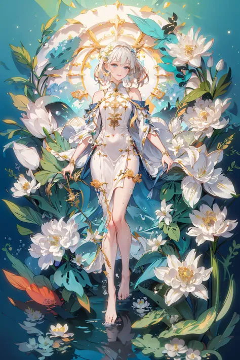 (((masterpiece))),bestquality,illustration,beautifuldetailedglow,
paper_cut, <lora:KK_paperCut_v1:0.6>,1girl,solo, full body,colorful, <lora:AngelicWarriors_v1:0.7>,priestess,priestess clothes,holy light,white lily \(flower\), lily white, water,barefoot, bare shoulders, Magic Wand