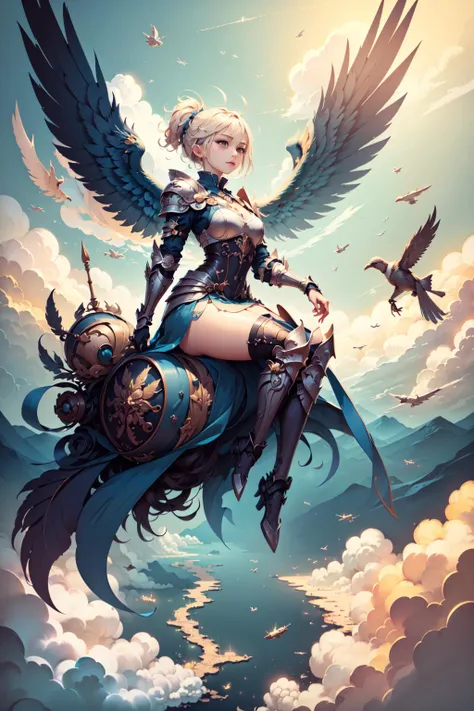 (((masterpiece))),bestquality,illustration,beautifuldetailedglow,paper_cut,1girl,solo,full body,colorful,beautiful face,knight,knight armor,(flying in the sky:1.5),cloud,heaven,Step on the flying sword,
<lora:KK_paperCut_v1:0.6>,<lora:AngelicWarriors_v1:0.6>,