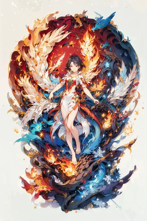 (((masterpiece))),bestquality,illustration,beautifuldetailedglow,
paper_cut, <lora:KK_paperCut_v1:1>, <lora:tachi-e:0.8>,fantasy, white background, full body,1girl, barefoot, Phoenix,fire,
