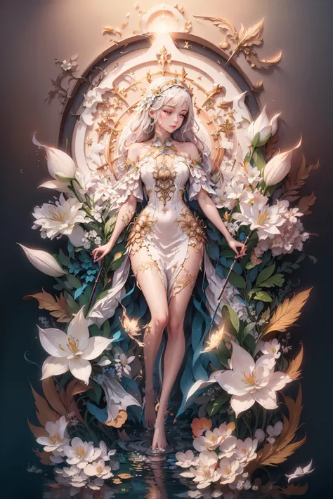 (((masterpiece))),bestquality,illustration,beautifuldetailedglow,
paper_cut, <lora:KK_paperCut_v1:0.6>,1girl,solo, full body,colorful, <lora:AngelicWarriors_v1:0.7>,priestess,priestess clothes,holy light,white lily \(flower\), lily white, water,barefoot, bare shoulders, Holy Staff