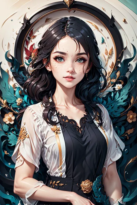(masterpiece, top quality, best, official art, beautiful and aesthetic, long exposure:1.2), fluid movement, captivating patterns,
1 girl, adult russian woman, freckles, jade eyes, black lob hair,
portrait, solo, upper body, looking at viewer, detailed background, detailed face, <lora:KK_paperCut_v1:0.8>