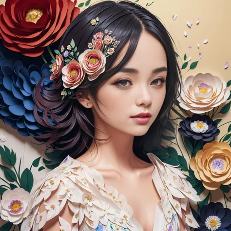 ((best quality, masterpiece, ultra-detailed)), 1girl, (solo), (detailed face), ((full body)), (ink painting), (illustration), (detailed light), (extremely beautiful), rainbow background,
(flowers), (colorful), (petals), (flowing), (fantasy), (paper cut), Formed from sheets of paper, (elegant, luxurious), (charming), looking at viewer,
<lora:Lady60:0.2>, <lora:KK_paperCut_v1:0.8>,
