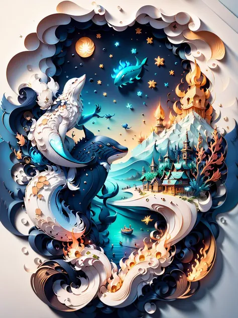 (((masterpiece))),best quality, illustration, fire, ocean, whale, boat, cloud, star \(symbol\), paper_cut, (white background:1.1) <lora:KK_paperCut_v5:1>