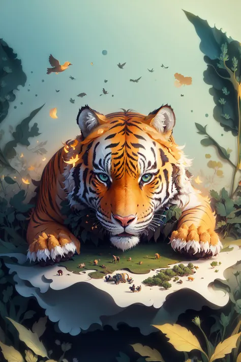 (((masterpiece))),bestquality,illustration,beautifuldetailedglow,
paper_cut, <lora:KK_paperCut_v1:0.7>,tiger,pines,stone,grass,tree