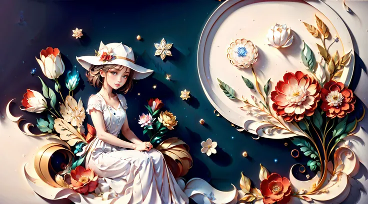 background <lora:KK_paperCut_v5:1>, Girl sitting, red flowers, white flowers, bouquet, floral hat, flowing dress, white dress, particles, soft glow, atmospheric lighting,,,,,,,,,,,,,,,,,,,,,,,,,,,,,,,,,,,,,,,,,
