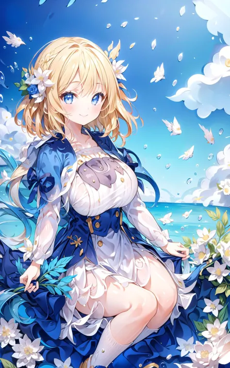 masterpiece, best quality,<lyco:short stack:1.0>,1girl, bangs, blonde hair, blue eyes, blush, gigantic breasts, dress, flower, hair ornament, large breasts, long sleeves, looking at viewer, outdoors, skirt, smile, solo, thighs, water, white footwear, <lora:KK_paperCut_v5:1>