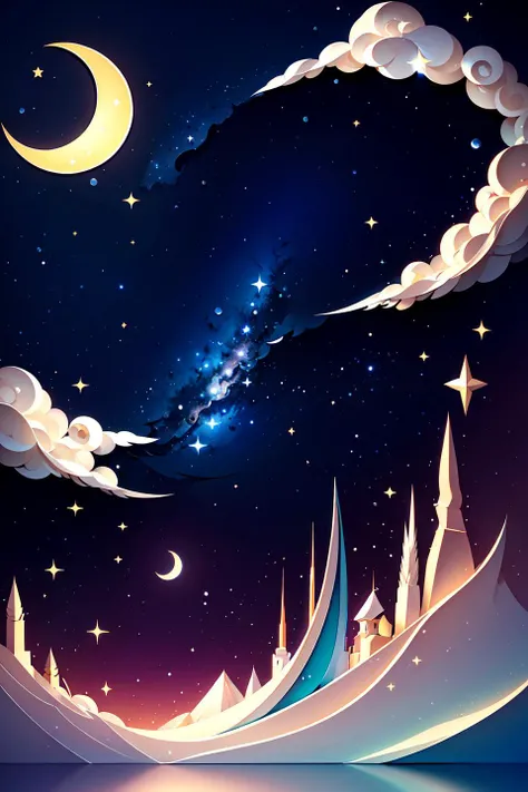 masterpiece, best quality, high resolution, ultra detailed, dark night, constellation, crescent moon, galaxy, glasses, gradient sky, milky way, partially underwater shot, starry background, starry sky, starry sky print,twilight <lora:KK_paperCut_v5:1>