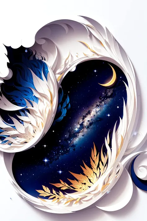 masterpiece, best quality, high resolution, ultra detailed, dark night, constellation, crescent moon, galaxy, glasses, gradient sky, milky way, partially underwater shot, starry background, starry sky, starry sky print,twilight,(paper_cut:1.15), (white background:1.35), <lora:KK_paperCut_v1:0.7>
