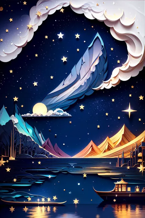 masterpiece, best quality, high resolution, ultra detailed, dark night, constellation, crescent moon, galaxy, glasses, gradient sky, milky way, partially underwater shot, starry background, starry sky, starry sky print,twilight <lora:KK_paperCut_v5:1>