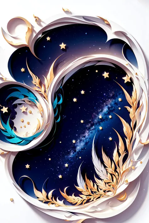 masterpiece, best quality, high resolution, ultra detailed, dark night, constellation, crescent moon, galaxy, glasses, gradient sky, milky way, partially underwater shot,  starry background, starry sky, starry sky print,twilight,(paper_cut:1.15), (white background:1.35), <lora:KK_paperCut_v1:0.8>