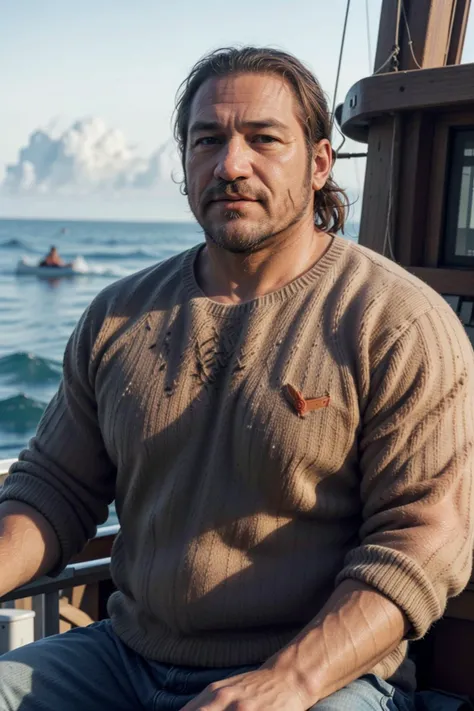 a portrait of n0ah_n0texist wearing a thick woollen sweater at sea on a fishing boat, looking at the camera, facing the camera, dynamic lighting, photorealistic, high detail, detailed, masterpiece, 8k, highres, flawless, colour, professional