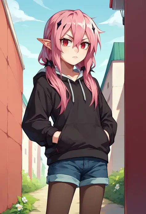 score_9, score_8_up, score_7_up, source anime,  1girl,  Krul,  pink hair, red eyes, pointy ears, low twintails, hoodie, pantyhose, shorts, outdoors, hands in pockets,   <lora:Krul Tepes2-000006:1>