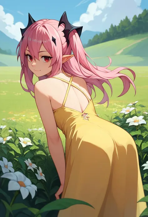 score_9, score_8_up, score_7_up,  1girl,  Krul, two side up, pink hair, red eyes, pointy ears, hair ornament, yellow sundress, from behind, outdoors, looking at viewer, bent over, light smile, flower field,    <lora:Krul Tepes2-000006:1>