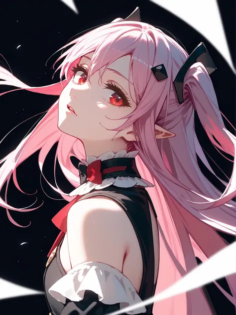 (score_9, score_8_up, score_7_up:1.1), 1girl, closeup face, portrait, two side up, pink hair, red eyes, pointy ears, hair ornament, detached sleeves, detached collar, black dress, black skirt, waist cape, bowtie, plain black background, (shaft head tilt:0.9) <lora:Krul Tepes2:0.9>  <lora:shaft_head_tilt-PD-1.0-all:0.9>