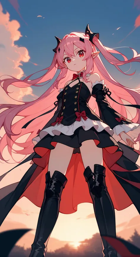 (score_9, score_8_up, score_7_up:1.1), 1girl, Krul, two side up, pink hair, red eyes, pointy ears, hair ornament, detached sleeves, detached collar, black dress, black skirt, waist cape, bowtie, high heel boots, standing, sunset, from below, <lora:Krul Tepes2:0.7>