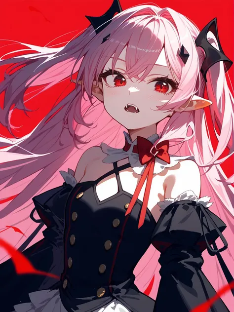 (score_9, score_8_up, score_7_up:1.1), 1girl, closeup face, portrait, two side up, pink hair, red eyes, pointy ears, hair ornament, detached sleeves, detached collar, black dress, black skirt, waist cape, bowtie, plain red background, (shaft head tilt:0.9), fangs <lora:Krul Tepes2:0.9> <lora:shaft_head_tilt-PD-1.0-all:0.9>