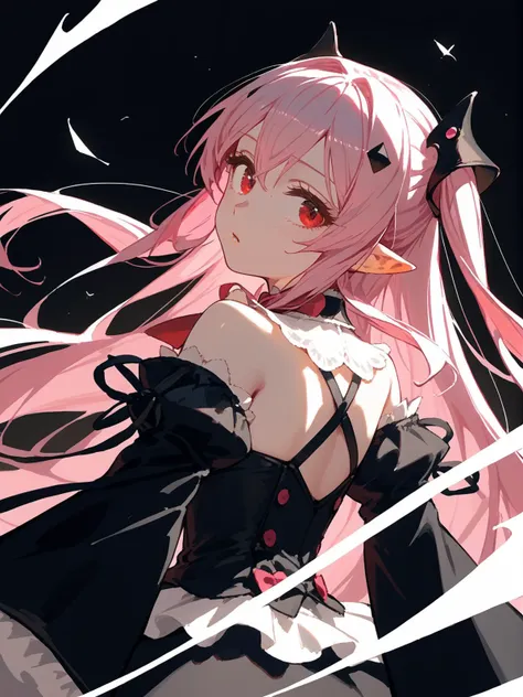 (score_9, score_8_up, score_7_up:1.1), 1girl, closeup face, portrait, two side up, pink hair, red eyes, pointy ears, hair ornament, detached sleeves, detached collar, black dress, black skirt, waist cape, bowtie, plain black background, (shaft head tilt:0.9) <lora:Krul Tepes2:0.9>  <lora:shaft_head_tilt-PD-1.0-all:0.9>