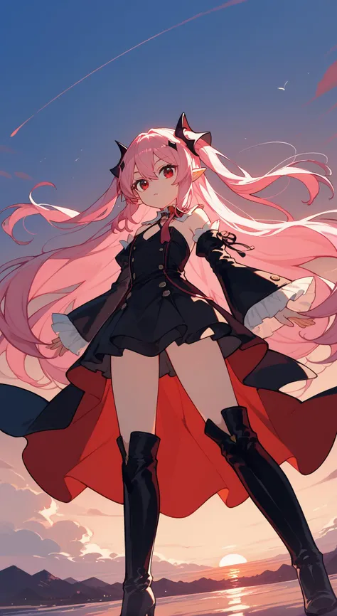 (score_9, score_8_up, score_7_up:1.1), 1girl, Krul, two side up, pink hair, red eyes, pointy ears, hair ornament, detached sleeves, detached collar, black dress, black skirt, waist cape, bowtie, high heel boots, standing, sunset, from below, <lora:Krul Tepes2:0.7>