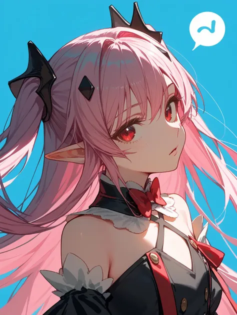 (score_9, score_8_up, score_7_up:1.1), 1girl, closeup face, portrait, two side up, pink hair, red eyes, pointy ears, hair ornament, detached sleeves, detached collar, black dress, black skirt, waist cape, bowtie, plain cyan background, (shaft head tilt:0.8) <lora:Krul Tepes2:0.9>  <lora:shaft_head_tilt-PD-1.0-all:0.8>