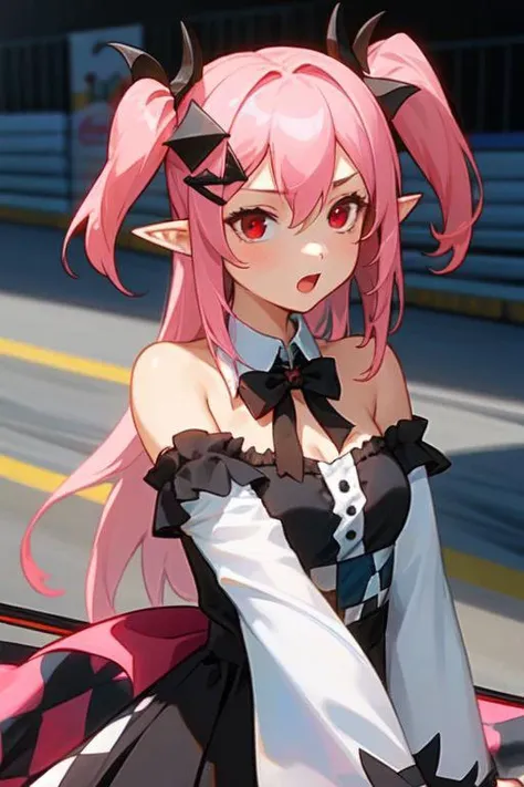 1girl, solo, Krul, two side up, pink hair, red eyes, pointy ears  hair ornament, bowtie, detached sleeves, detached collar, black dress, black skirt, upper body, racing car, garage, checkered flag