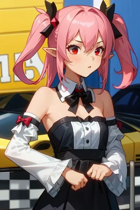 1girl, solo, Krul, two side up, pink hair, red eyes, pointy ears  hair ornament, bowtie, detached sleeves, detached collar, black dress, black skirt, upper body, racing car, garage, checkered flag