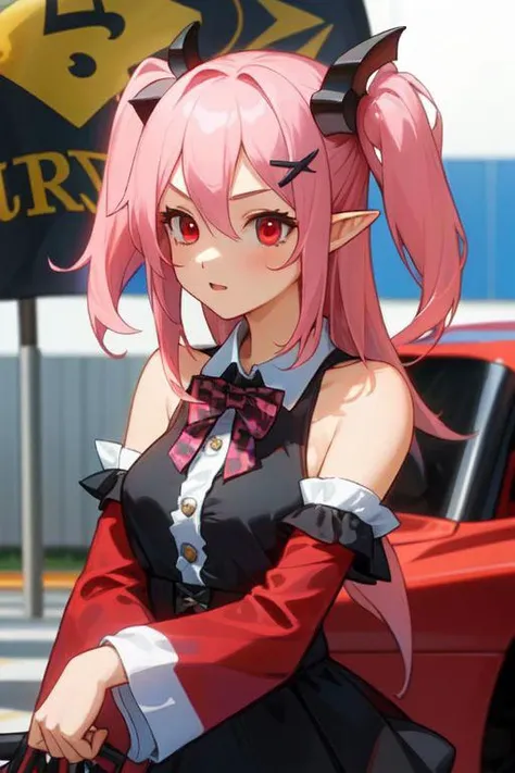 1girl, solo, Krul, two side up, pink hair, red eyes, pointy ears  hair ornament, bowtie, detached sleeves, detached collar, black dress, black skirt, upper body, racing car, garage, checkered flag