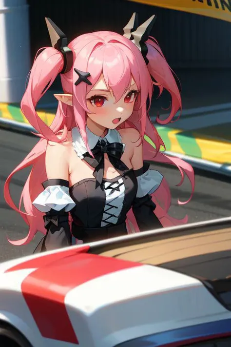 1girl, solo, Krul, two side up, pink hair, red eyes, pointy ears  hair ornament, bowtie, detached sleeves, detached collar, black dress, black skirt, upper body, racing car, garage, checkered flag