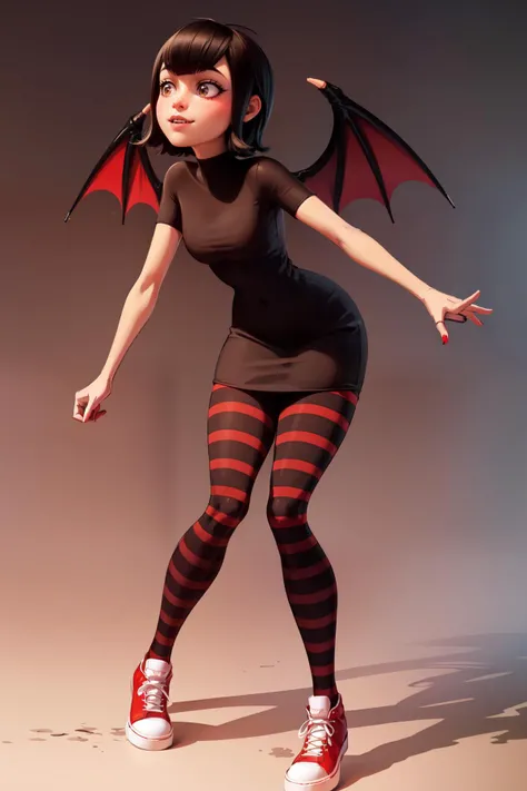 full body, 1girl, best quality, solo, mavis Dracula, black dress, skirt, stripped leggins, sneakers, devil wings, simple gradient background