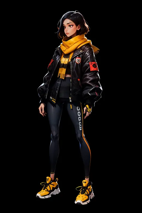 full body, portrait of Secre, slim waist, slim legs, extremely skinny body, striped red leggins, short skirt, techwear jacket, long oversized shirt, yellow and black scarf