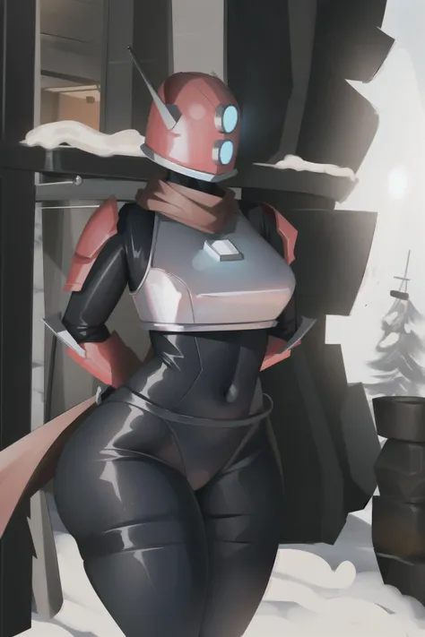 sam yang, ((1 girl)), hands behind back, huntress, female, solo, standing, breasts, helmet, bodysuit, scarf, armor, gloves, thick thighs, (curvy), masterpiece, 8k uhd, soft lighting, high quality, <lora:chubby girl:0.75>, <lora:huntress:1>