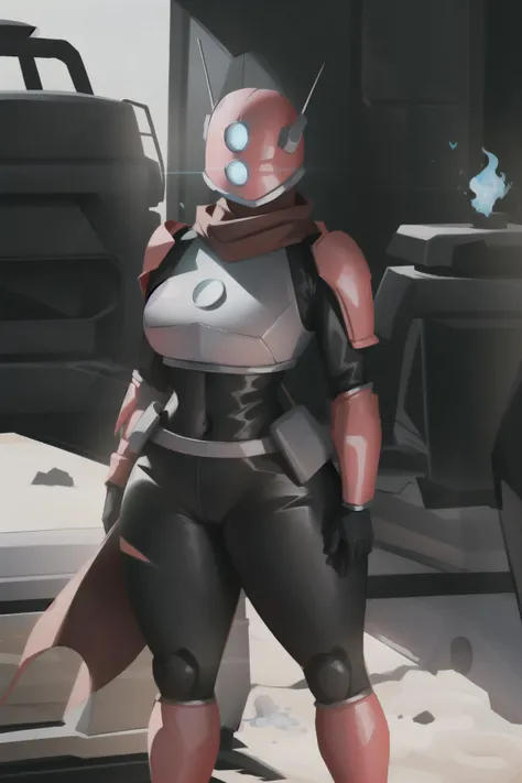sam yang, ((1 girl)), hands behind back, huntress, female, solo, standing, breasts, helmet, bodysuit, scarf, armor, gloves, thick thighs, (curvy), masterpiece, 8k uhd, soft lighting, high quality, <lora:chubby girl:0.75>, <lora:huntress:1>