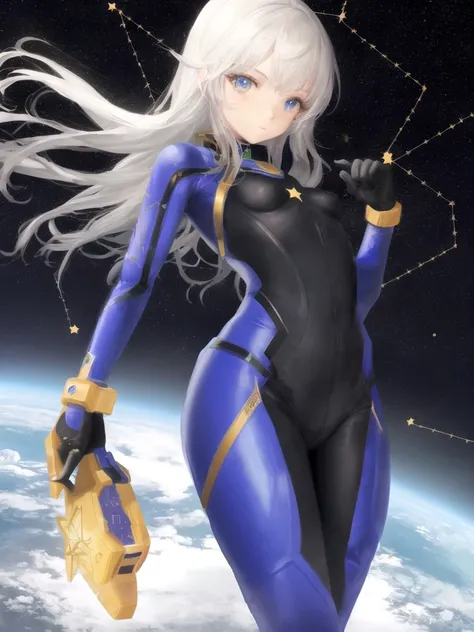 cosmic female in space, small breasts, futuristic bodysuit, stars, constellation