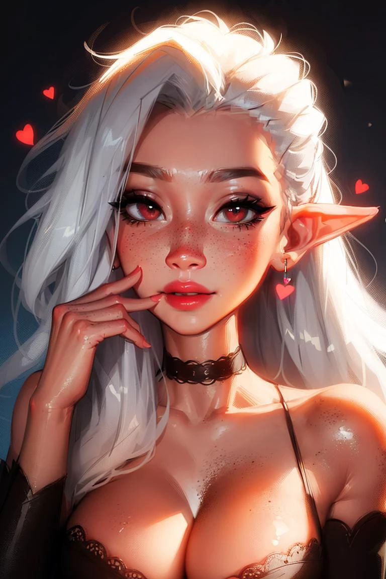 finger in mouth, sucking finger, biting finger, naughty face, horny, looking at viewer, sam yang, 1girl, backlighting, bare shoulders, black choker, blush, big breasts, choker, cleavage, closed mouth, short elf ears, collarbone, earrings, forehead, freckles, hair over shoulder, jewelry, long hair, pointy nose, red lips, shadow, solo, thick eyebrows, thick eyelashes, upper body, white hair, (floating hearts), messy hair, ((masterpiece)), <lora:samdoesartsSamYang_offset:1>