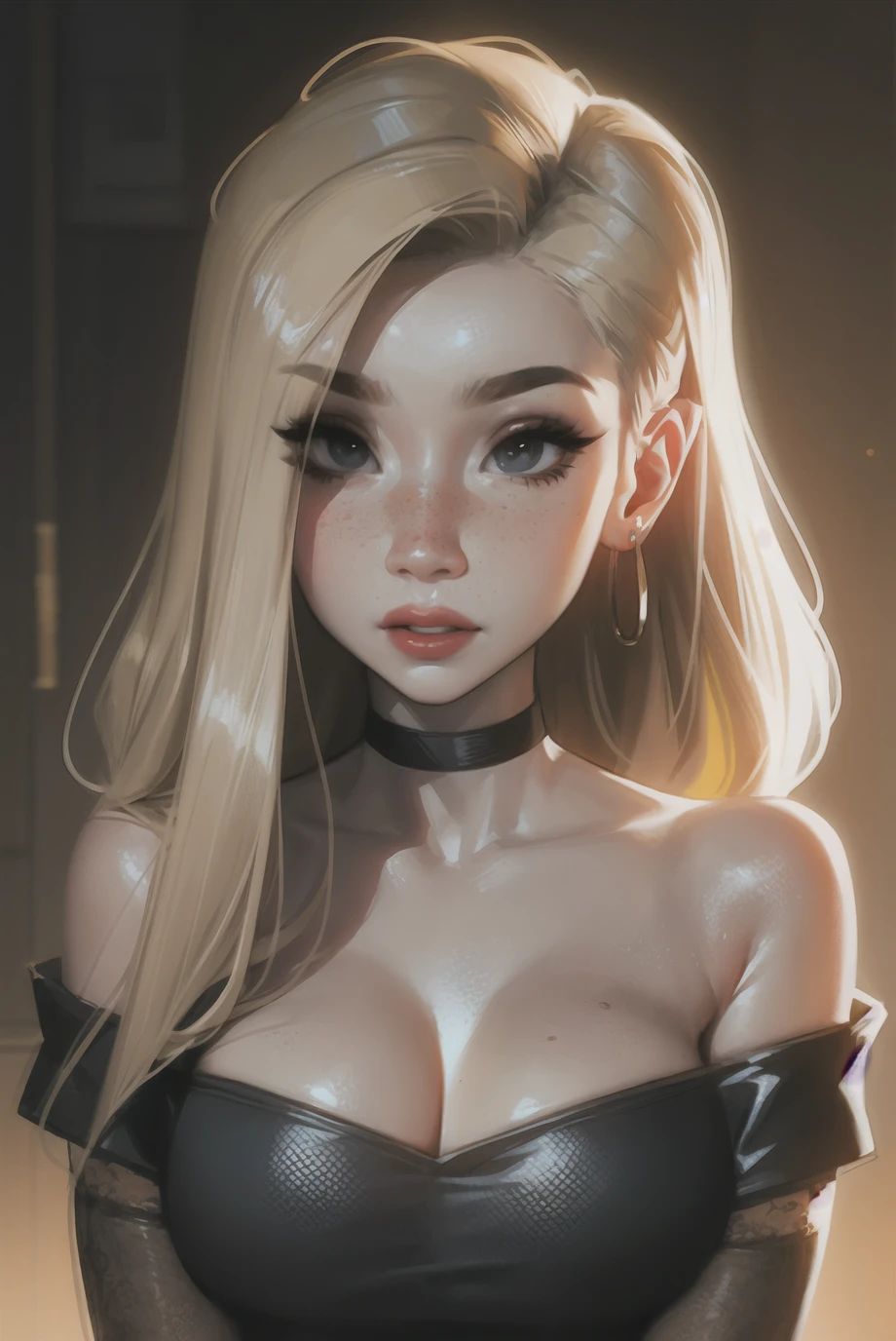 sam yang,
((1girl)) , uniform, backlighting, bare shoulders, black choker, blurry, blurry background, blush, breasts, choker, collarbone, earrings, forehead, freckles, hair over shoulder, jewelry, long hair, pointy nose, red lips, shadow, solo, thick eyebrows, thick eyelashes, (blonde hair), ((masterpiece)), shiny skin, black skin, headphone, stocking
<lora:sam_yang-000028:0.65> <lora:samdoesartsSamYang_offsetRightFilesize:1> <lora:murkysSpreadAssLora_1:1>