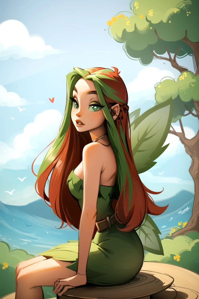 (masterpiece, best quality:1.2), Illusen, strapless dress, green dress, fairy wings, <lora:My LORA:1>