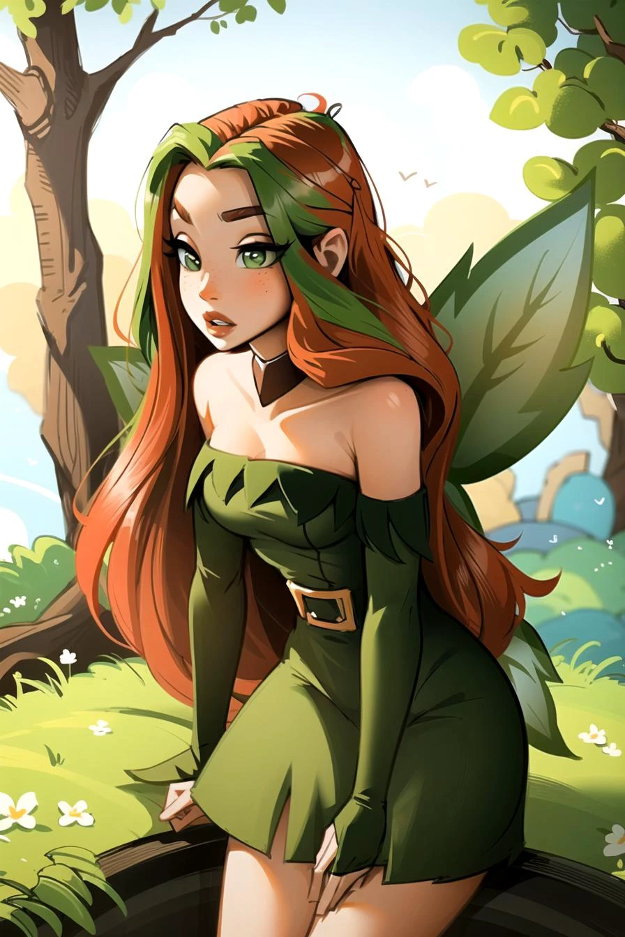 (masterpiece, best quality:1.2), Illusen, strapless dress, green dress, fairy wings, <lora:My LORA:1>