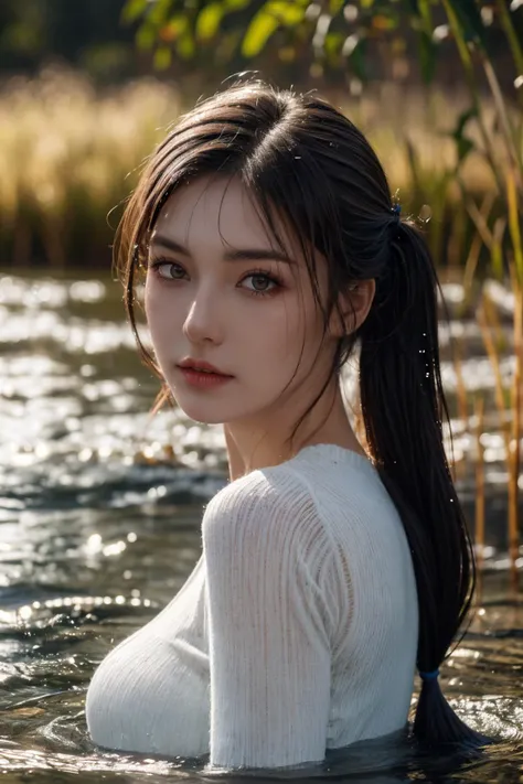 symmetrical,High detail RAW color photo professional close photograph, [:(highly detail face: 1.2):0.1], <lora:lin_faceV2:0.45>, twintails, half body, pore, real human skin, a portrait of a 18yo woman bathing in a river,body contact water and ripple around, reeds,clear and clean water, shiny eyes,looking at viewer, wearing tight sleeve sweater, wet clothes, see-through clothes, nipples, wet body, wet hair, tindal effect,lens flare,shade, bloom, backlighting, depth of field, natural lighting, hard focus, film grain, photographed with a Sony a9 II Mirrorless Camera, by Laurence Demaison,huge breasts,legs slightly spread,nfsw