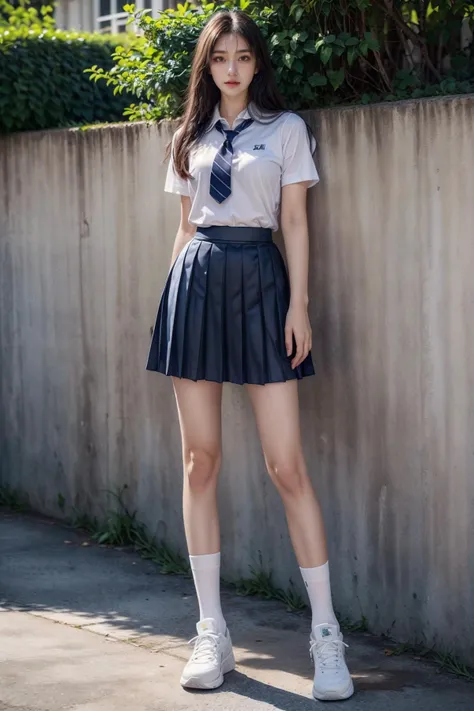 (masterpiece),(best quality:1),(ultra highres:1),wallpaper,detailed illustration,detailed beautiful skin,dewy skin,sweaty skin,(front focus),<lora:add_detail:0.8>,<lora:epi_noiseoffset2:1>,<lora:VeryLongLegs_v2:0.4>,(very_long_legs:0.8),(torn pantyhose:1),<lora:GoodHands-vanilla:1>,<lora:lin_faceV2:0.6>,((1girl, solo, skirt, black hair, long hair, photo background, realistic, school uniform,outdoors, shoes, shirt, food, sneakers, pleated skirt, white footwear, looking at viewer, socks, white shirt, blue skirt, standing, white socks, brown eyes, full body, short sleeves, day, )),