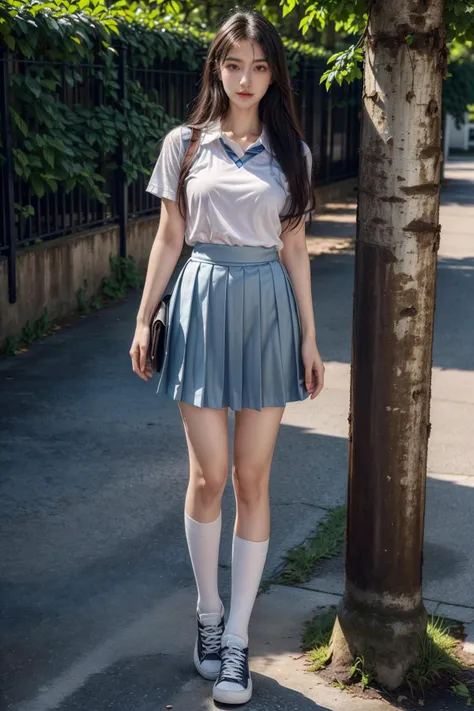 (masterpiece),(best quality:1),(ultra highres:1),wallpaper,detailed illustration,detailed beautiful skin,dewy skin,sweaty skin,(front focus),<lora:add_detail:0.8>,<lora:epi_noiseoffset2:1>,<lora:VeryLongLegs_v2:0.4>,(very_long_legs:0.8),(torn pantyhose:1),<lora:GoodHands-vanilla:1>,<lora:lin_faceV2:0.67>,((1girl, solo, skirt, black hair, long hair, photo background, realistic, school uniform,outdoors, shoes, shirt, food, sneakers, pleated skirt, white footwear, looking at viewer, socks, white shirt, blue skirt, standing, white socks, brown eyes, full body, short sleeves, day, )),