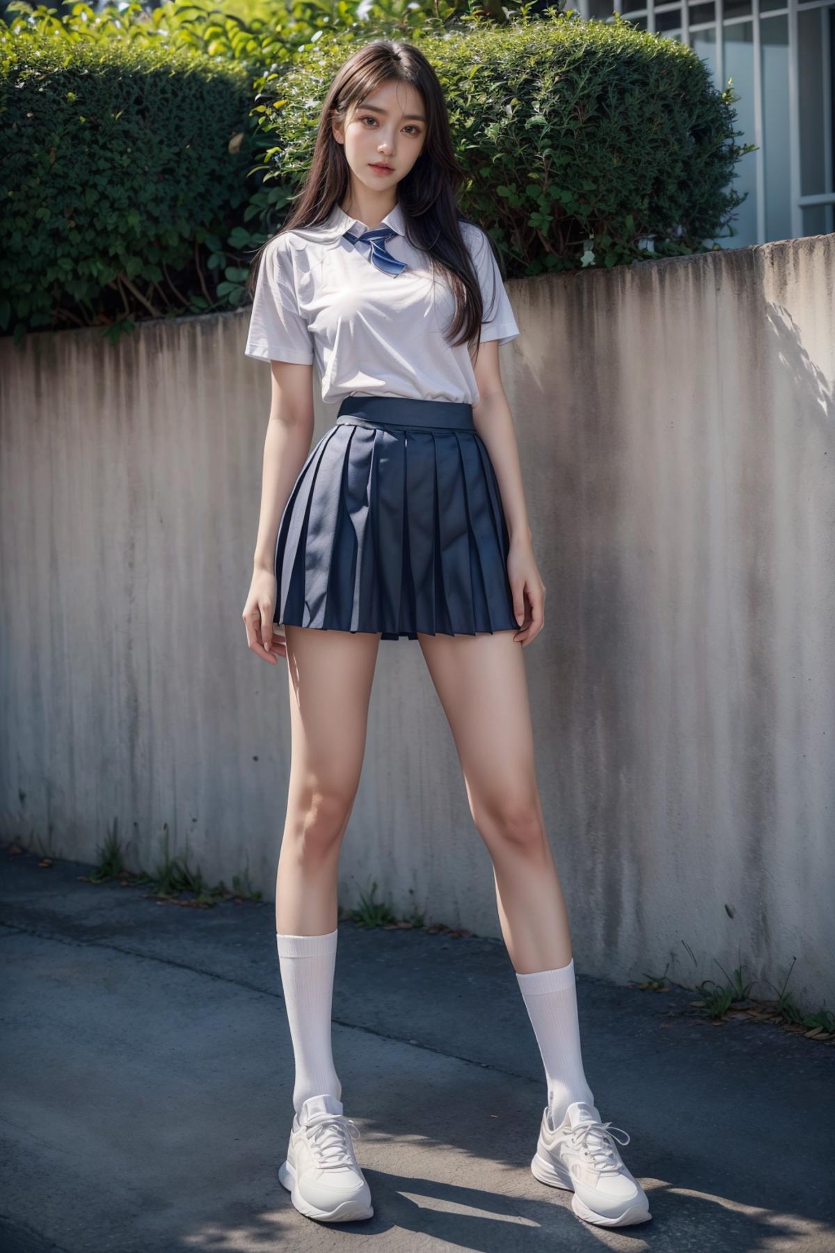 A woman in a skirt and shirt posing for a picture - SeaArt AI