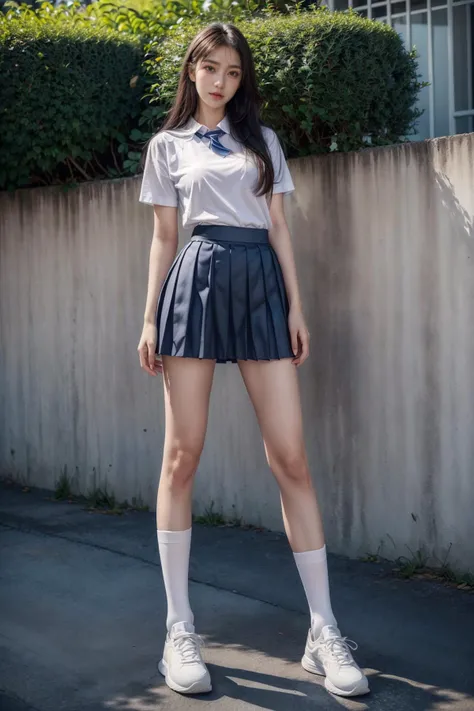 (masterpiece:1.3, Highest quality, Ultra-high resolution, Very detailed), (Realistic:1.1, photoRealistic:1.4), (Perfect Anatomy, Anatomically correct),Beautiful Japan Junior High School Girls、、Short skirt、Lift up the skirt、I can see your panties、In front of an inorganic wall、Stand upright、lifting scart