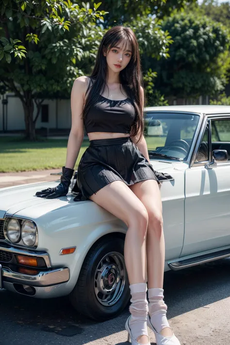 Beautiful Japanese waifu, early 30s, brunette hair, white shirt, black shorts, black stockings, red high heels, leaning against a sports car